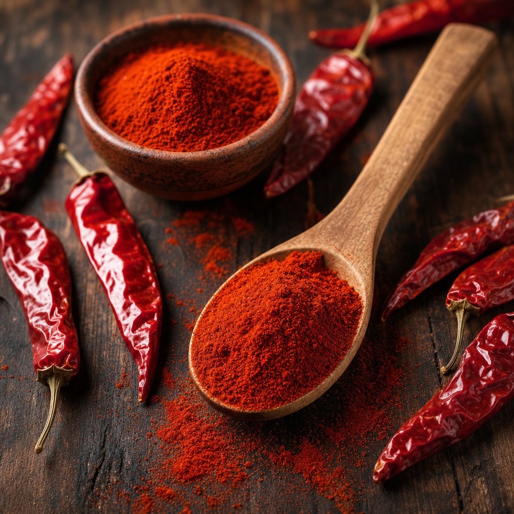 vibrant red paprika powder and dried peppers showcasing the spice's rich color and versatility