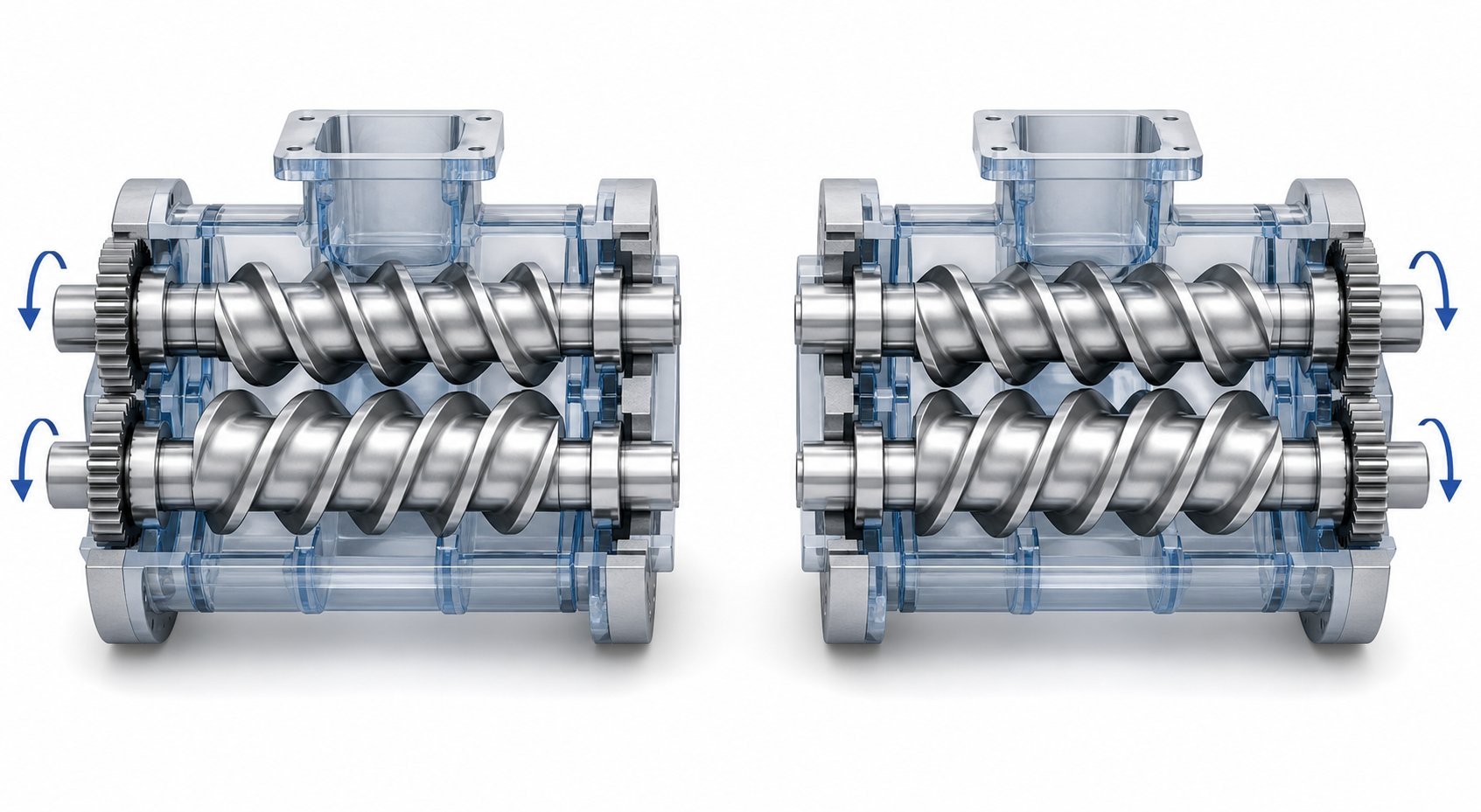 co rotating and counter rotating twin screw configurations showing different screw rotation directions