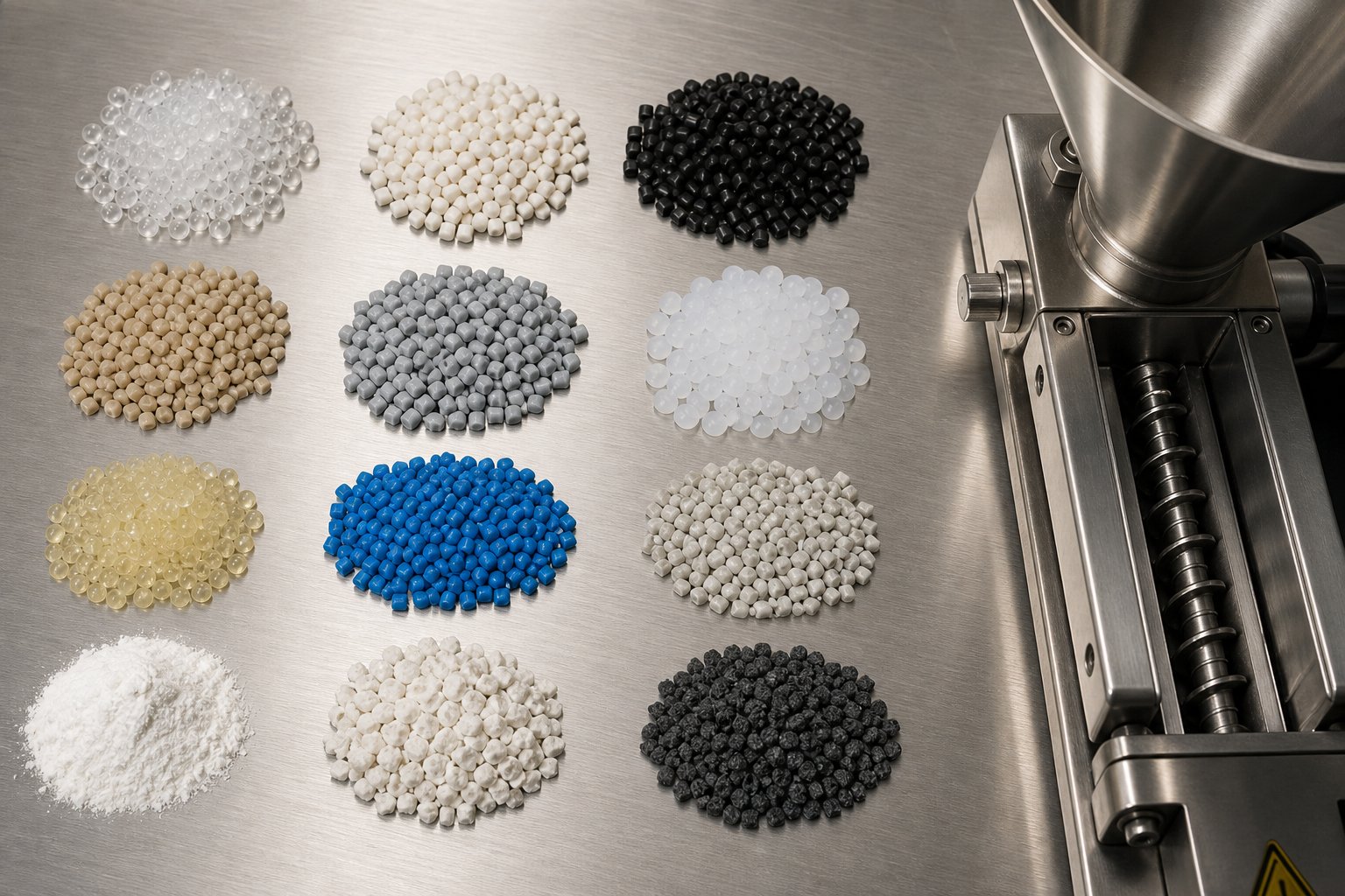 diverse polymer pellets and fillers prepared for material specific processing on a twin screw extruder