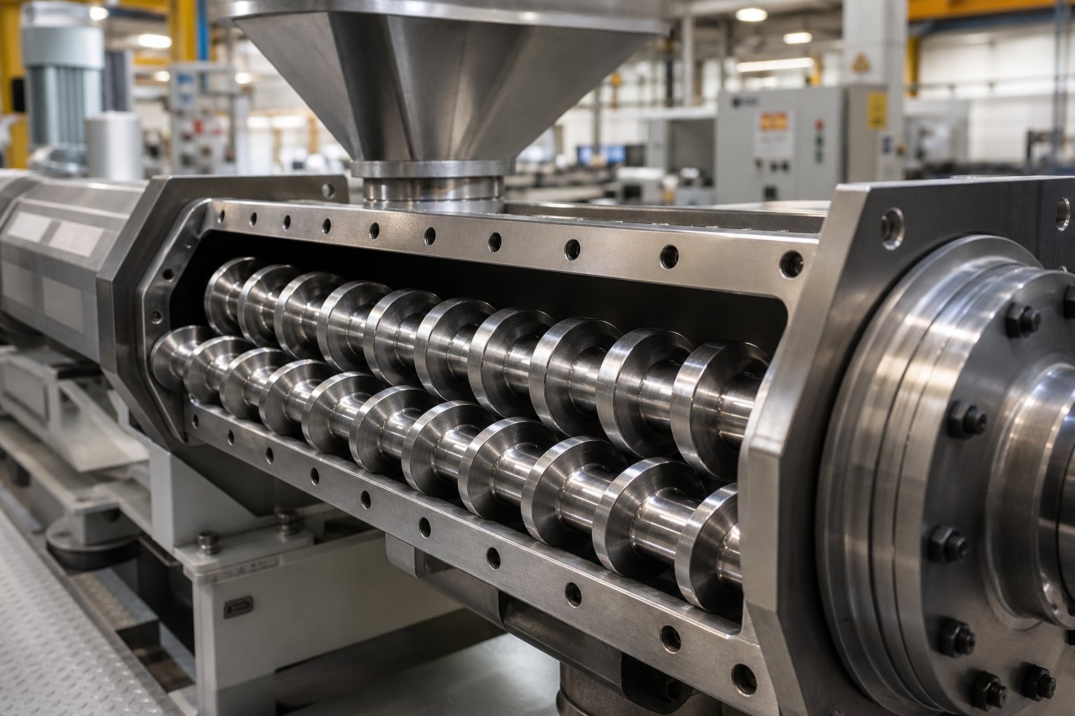 twin screw extruder with intermeshing screws inside a modular heated barrel for polymer compounding