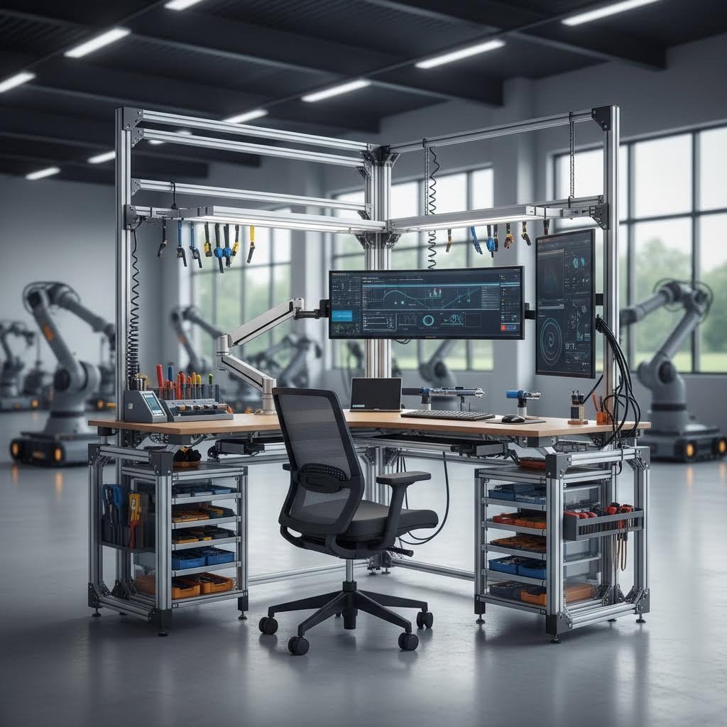 industrial workstation built with t slot aluminum framing demonstrating modular construction versatility