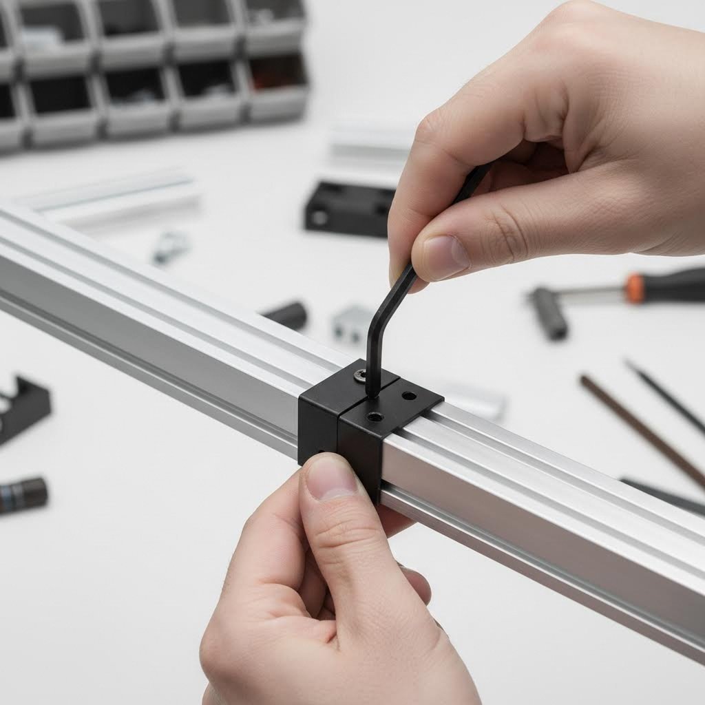 proper t slot assembly technique using hex key to secure corner bracket connection