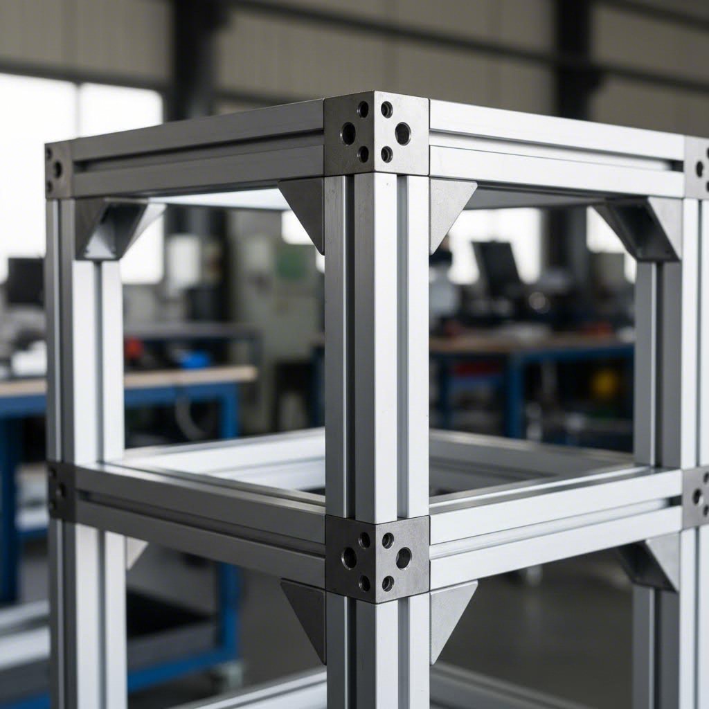 t slot aluminum extrusion profiles forming a modular frame structure with precision mechanical connections