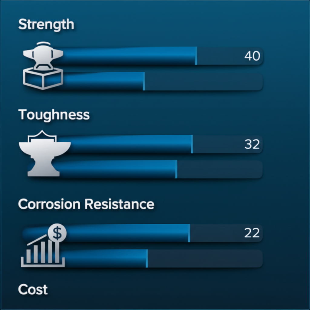 a diagram comparing the key performance properties of different forging steel families