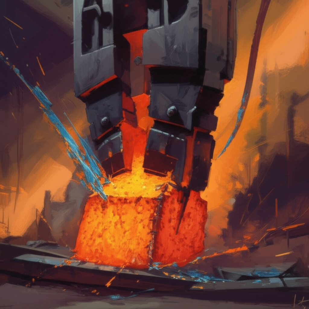 conceptual artwork of a steel billet undergoing the hot forging process in a press