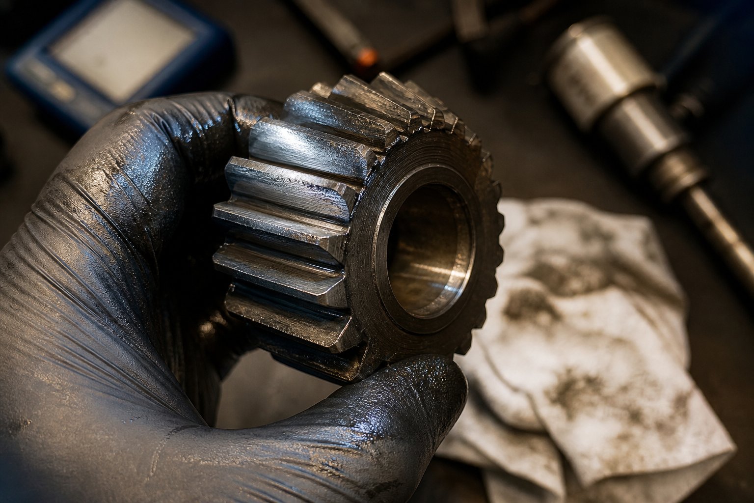 close up inspection of a worn helical gear removed during twin screw extruder gearbox maintenance