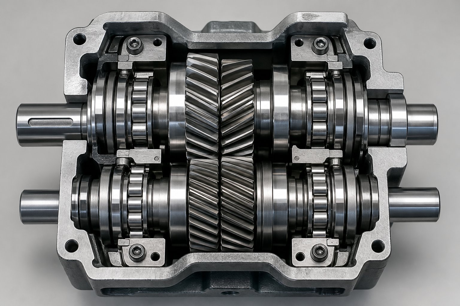 cross section illustrating the tight center distance constraint between twin screw extruder gearbox output shafts