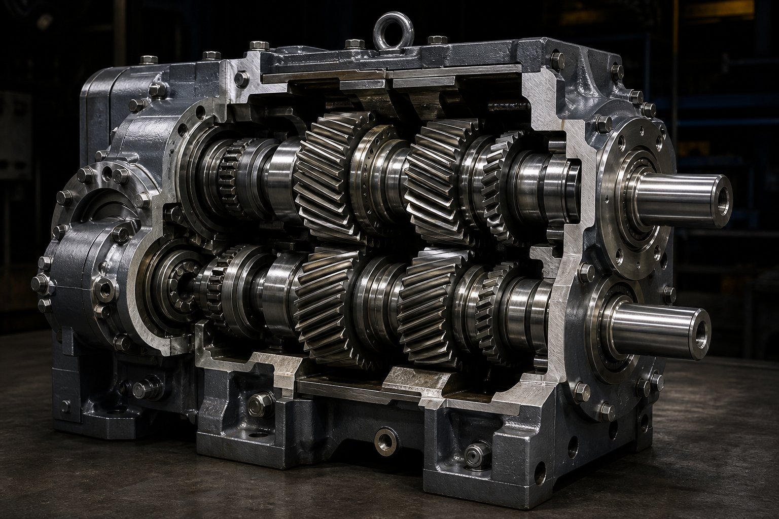 cutaway view of a twin screw extruder gearbox showing the gear train and dual output shaft arrangement