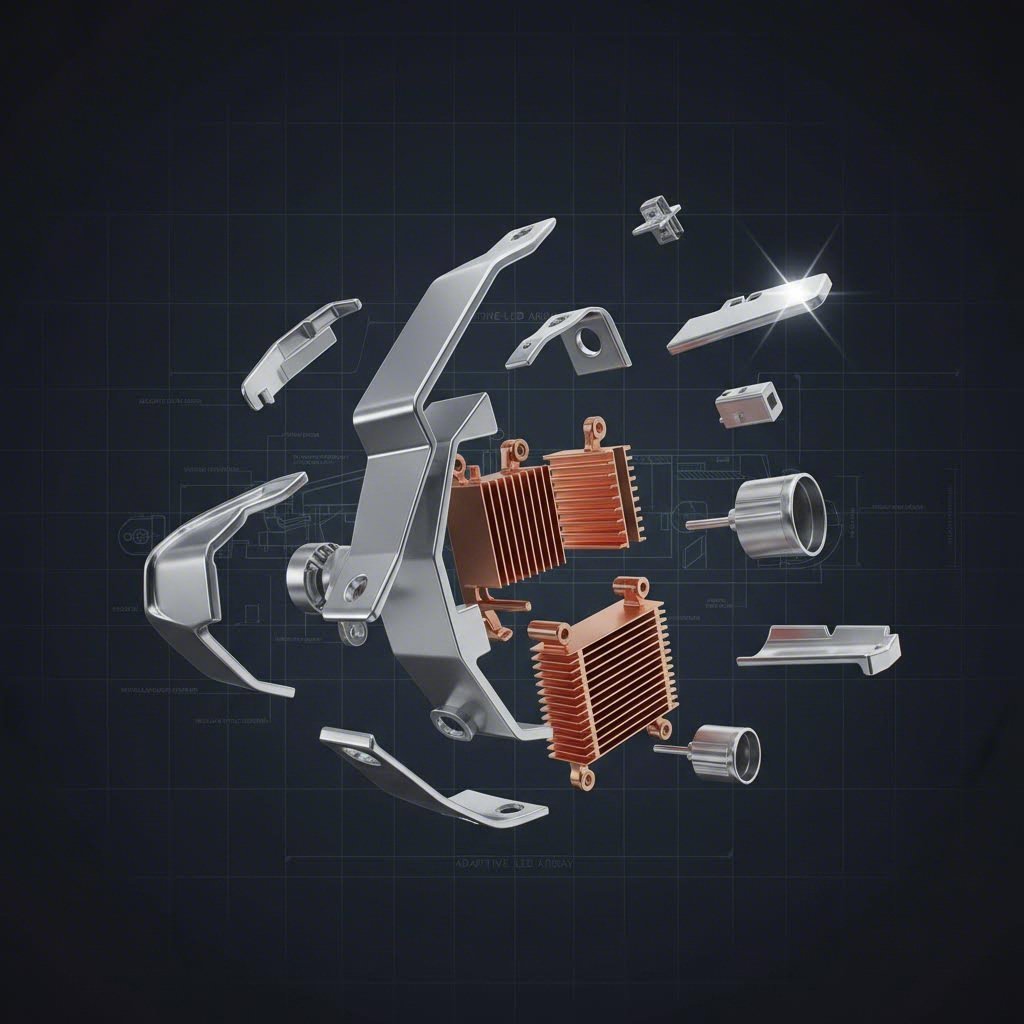 Exploded view of automotive headlight assembly showing internal stamped metal components