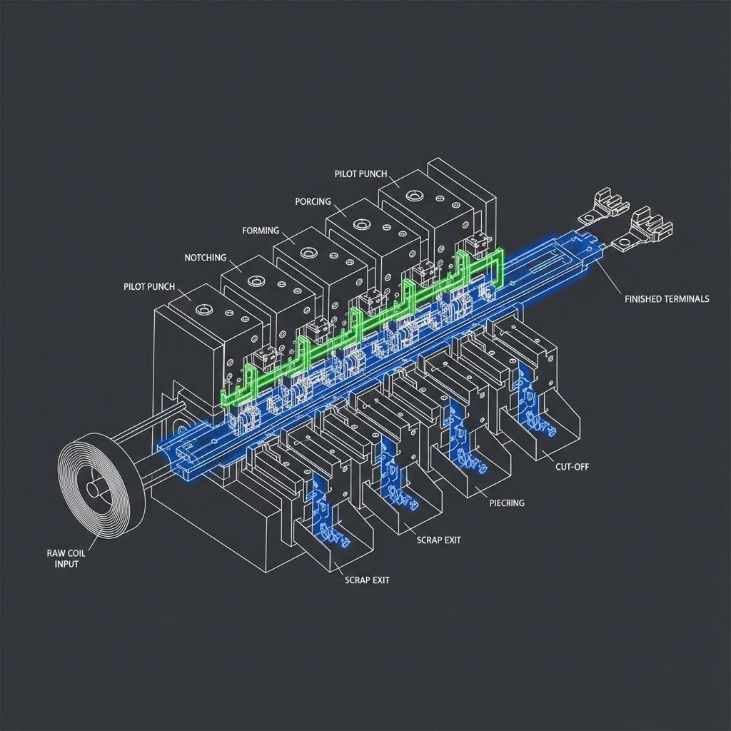 Progressive die stamping strip transforming metal coil into precision terminals