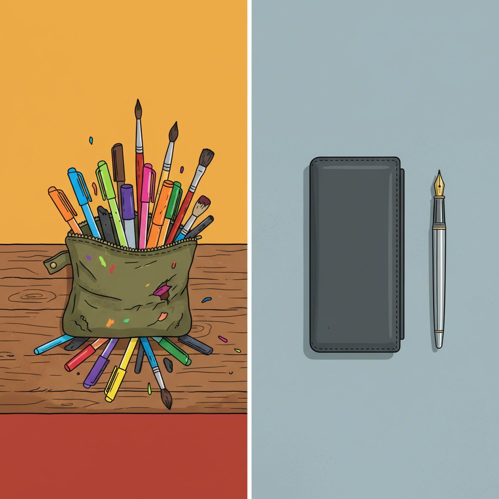 a visual comparison of a full large capacity pouch versus a sleek minimalist pouch