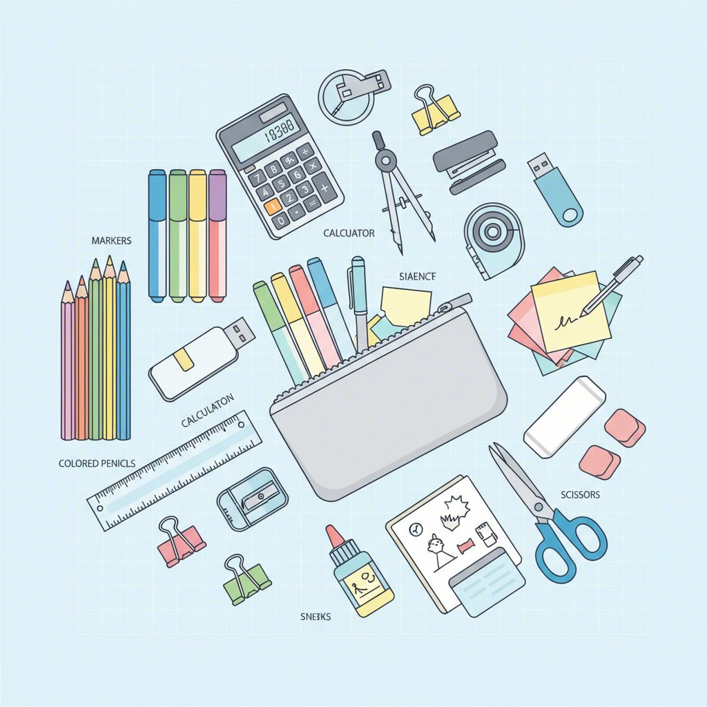 an organized flat lay of the many items a large capacity pencil pouch can hold