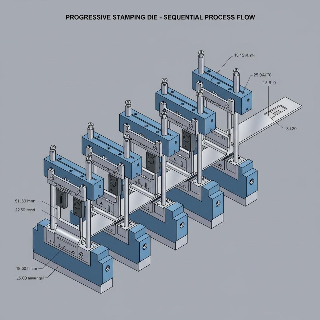 progressive die stations performing sequential metal forming operations