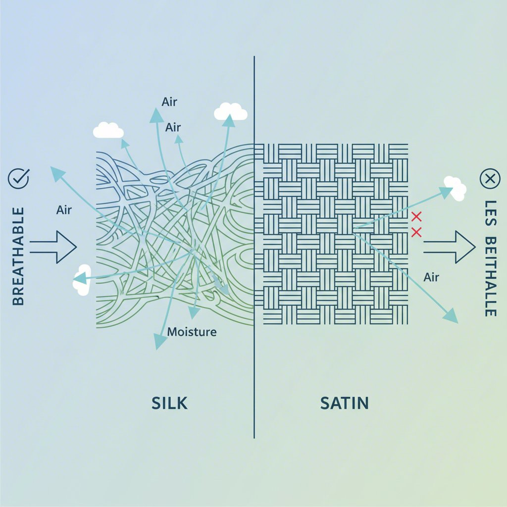 diagram showing the difference in breathability between silk and satin fibers
