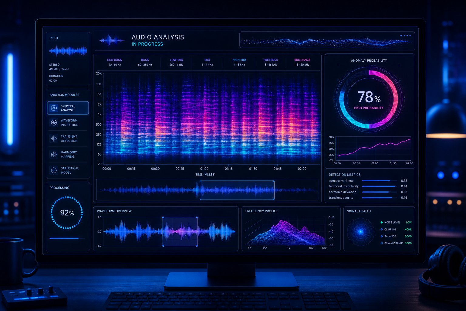 ai music detection tools analyze spectral patterns and audio fingerprints to produce probability scores for synthetic content