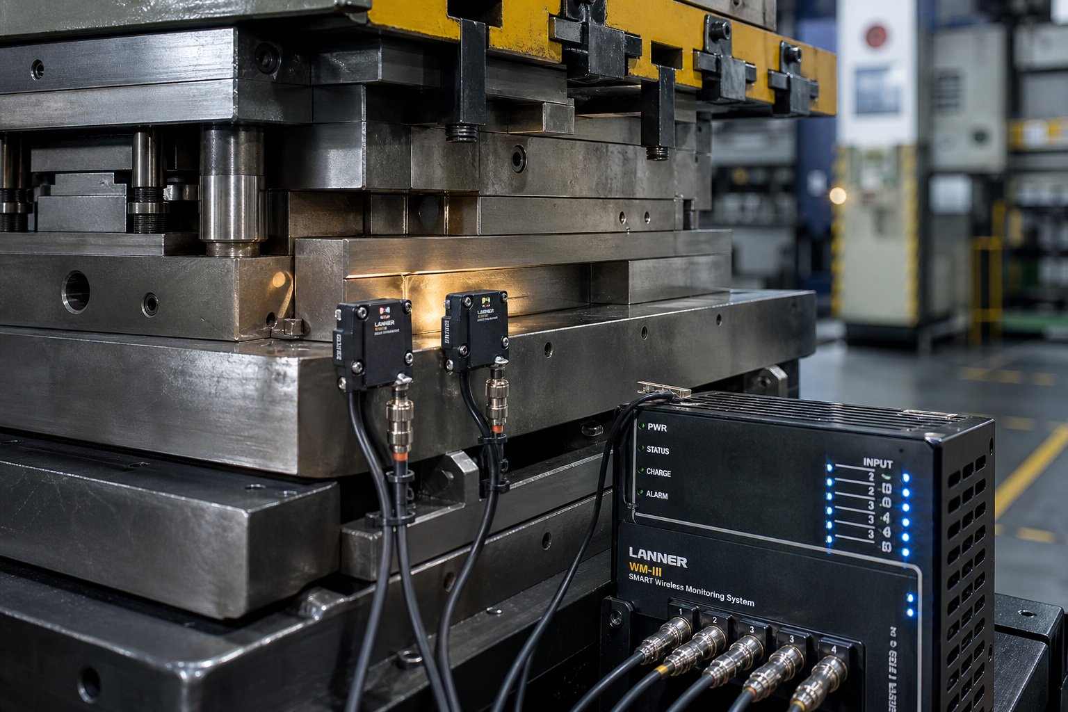 info-1-1 force and vibration sensors installed on a stamping press for real time die condition monitoring