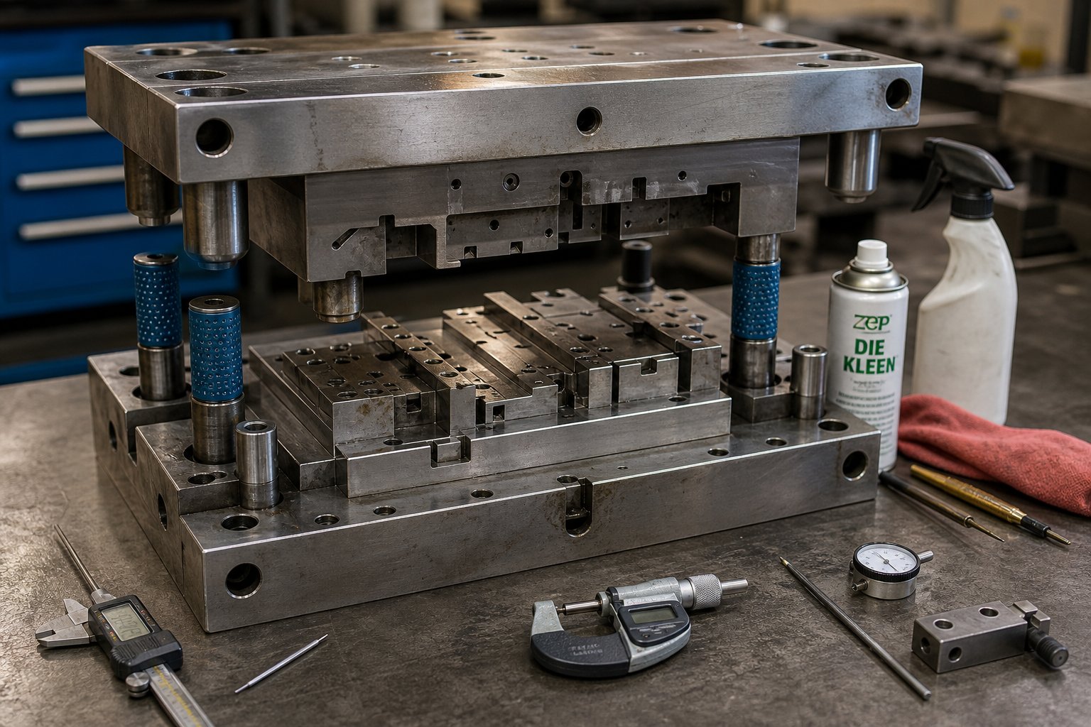 info-1-1 stamping die undergoing structured preventive maintenance on a toolroom workbench