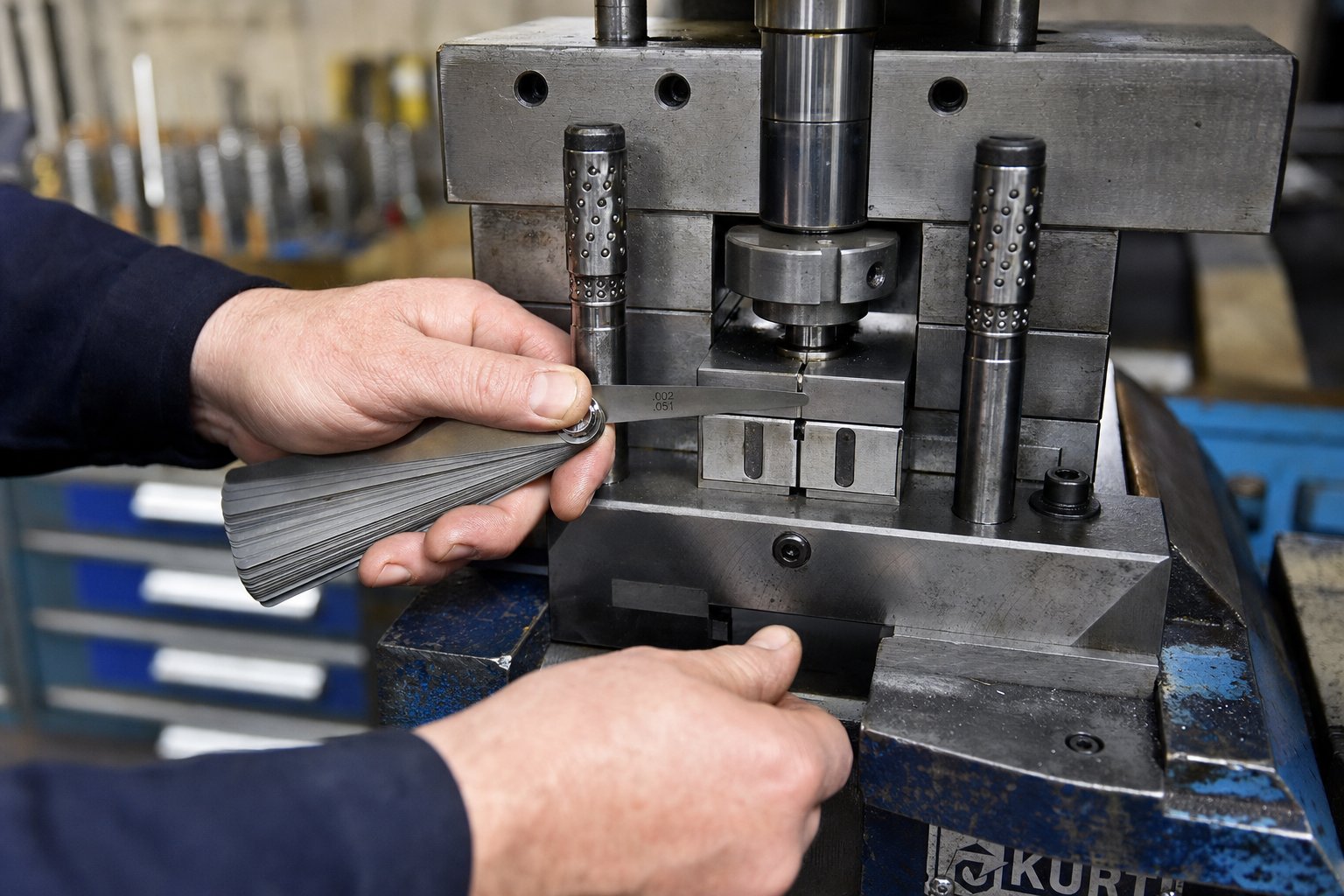 info-1-1 technician measuring punch to die clearance during a scheduled weekly inspection