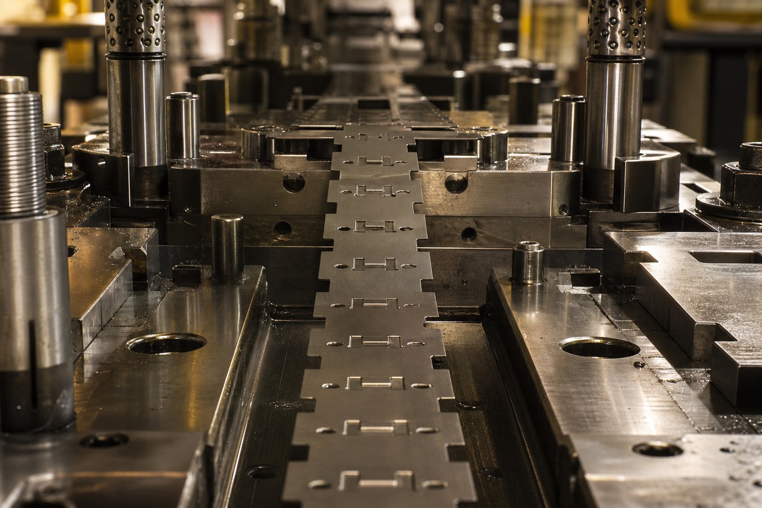 progressive stamping die strip with bypass notches advancing through multiple die stations for interference free indexing