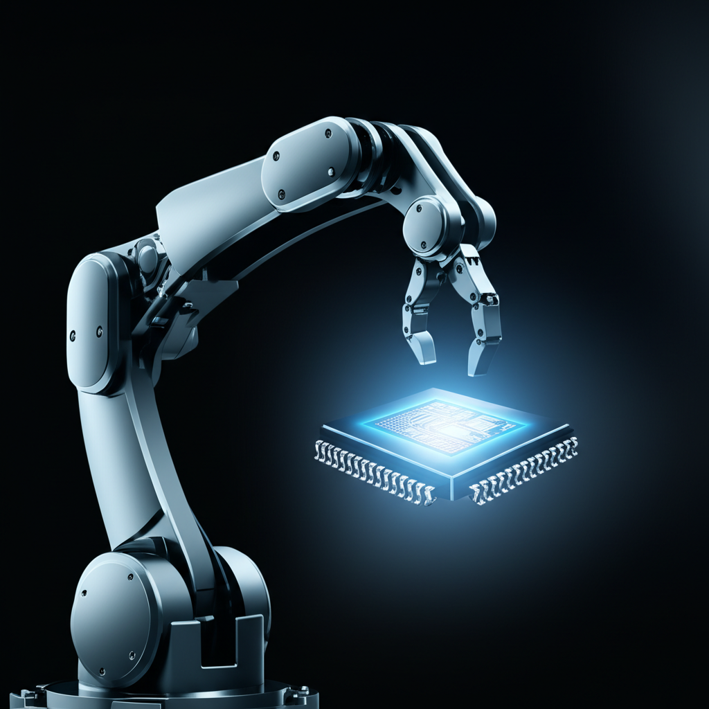 abstract image combining robotics and a microchip to symbolize automation