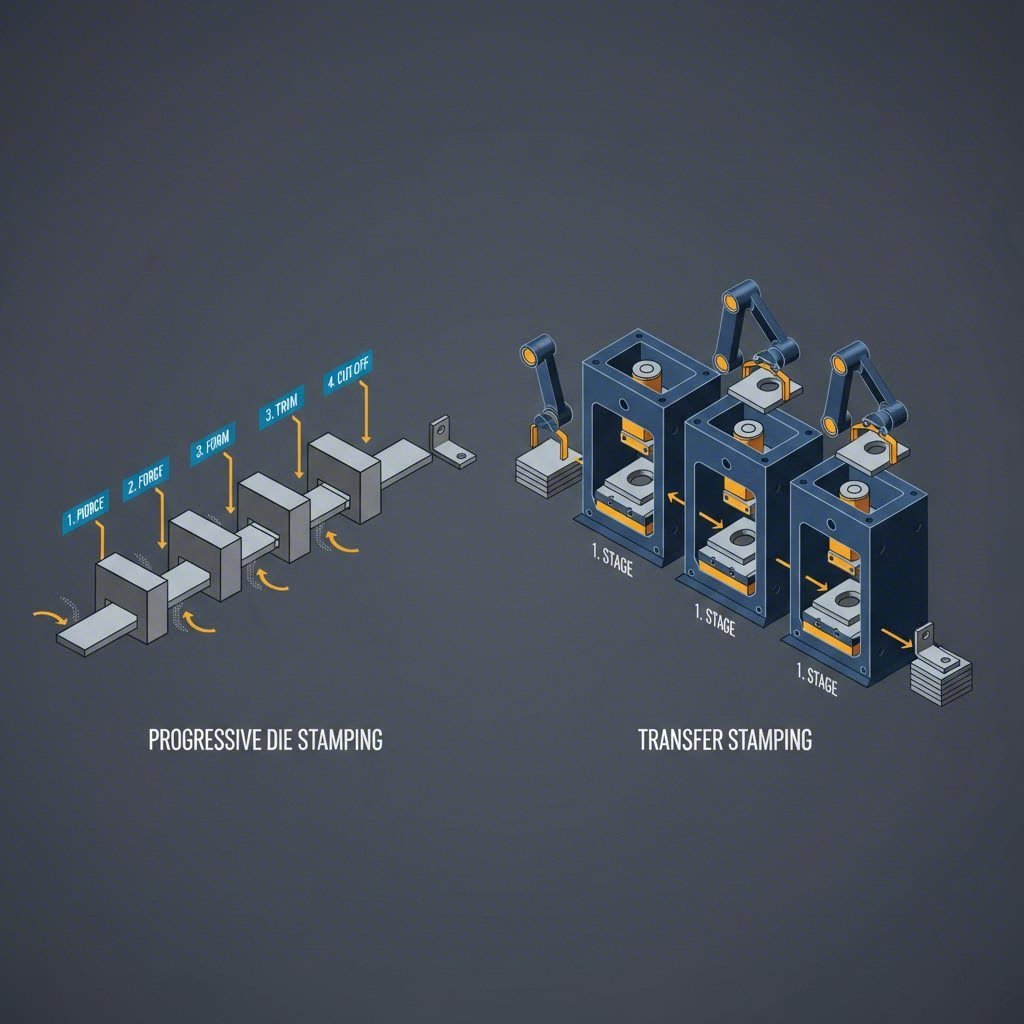 Diagram comparing progressive die and transfer stamping workflows