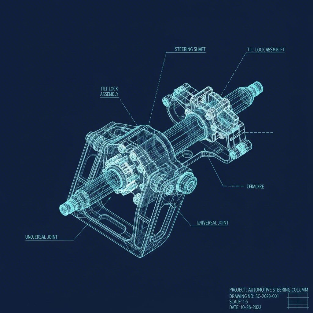 Exploded wireframe diagram of steering column showing stamped components