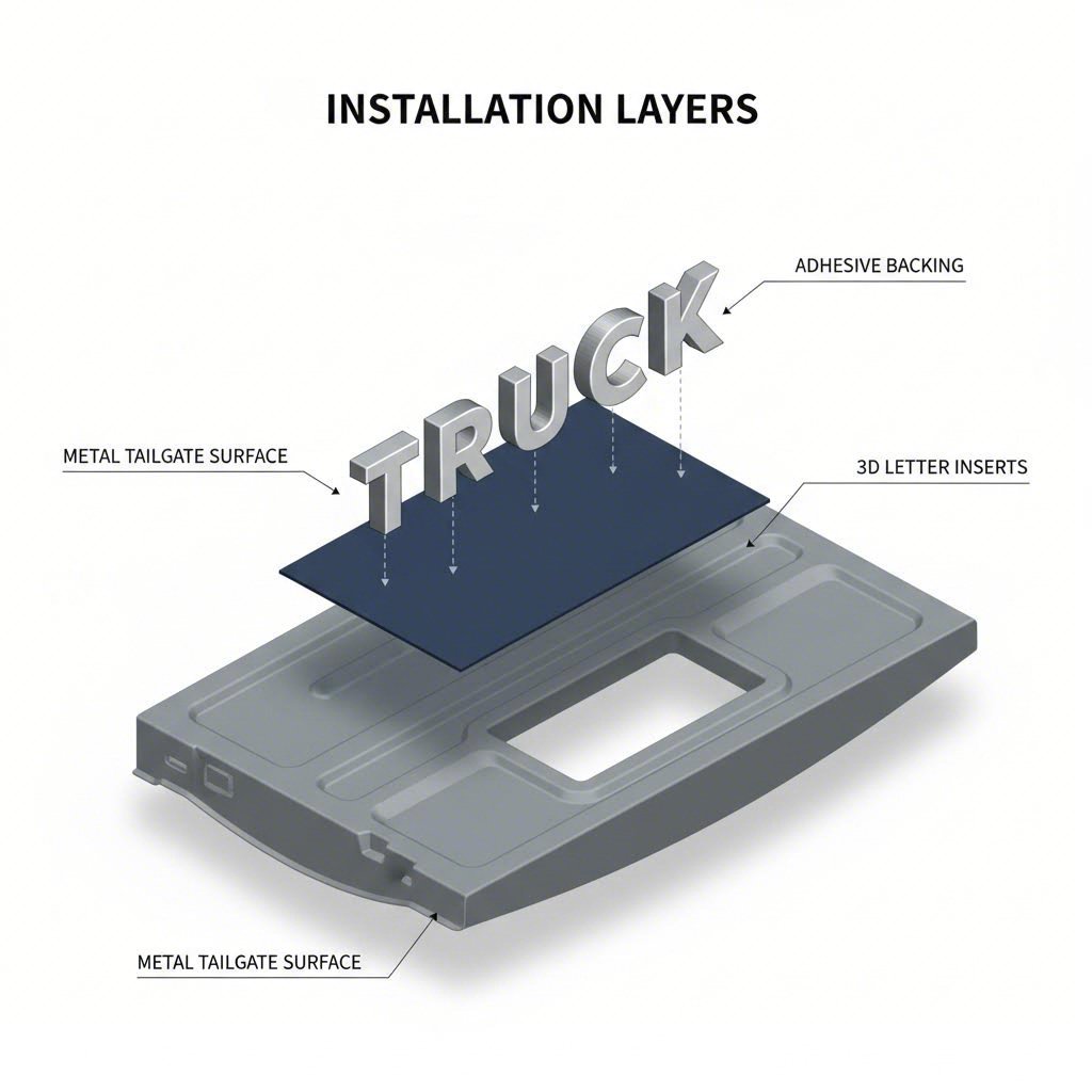 Exploded view of installing aftermarket tailgate lettering inserts