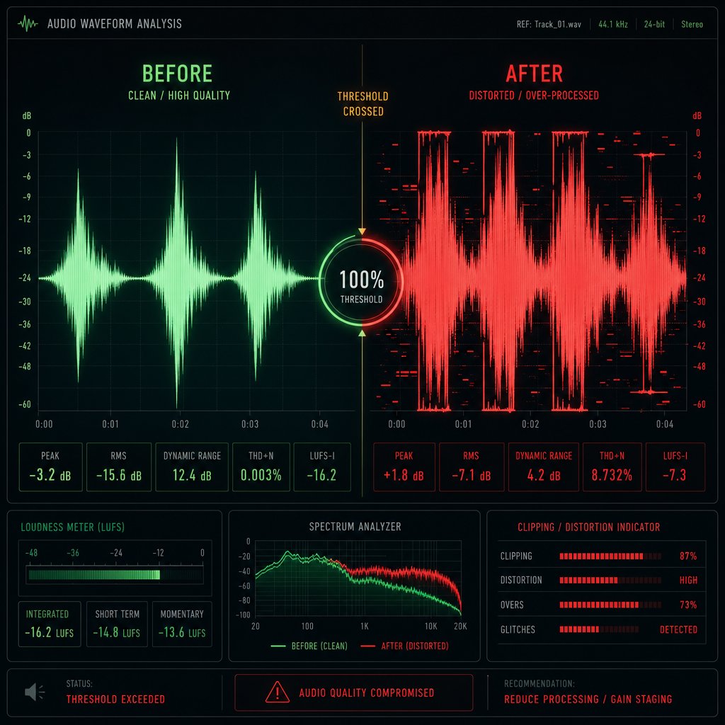 clean audio waveform versus artifact damaged audio from excessive tempo stretching