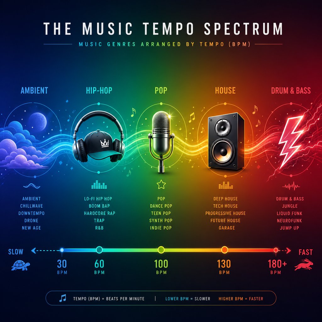 music genres mapped across the bpm spectrum from slow ambient to fast drum and bass