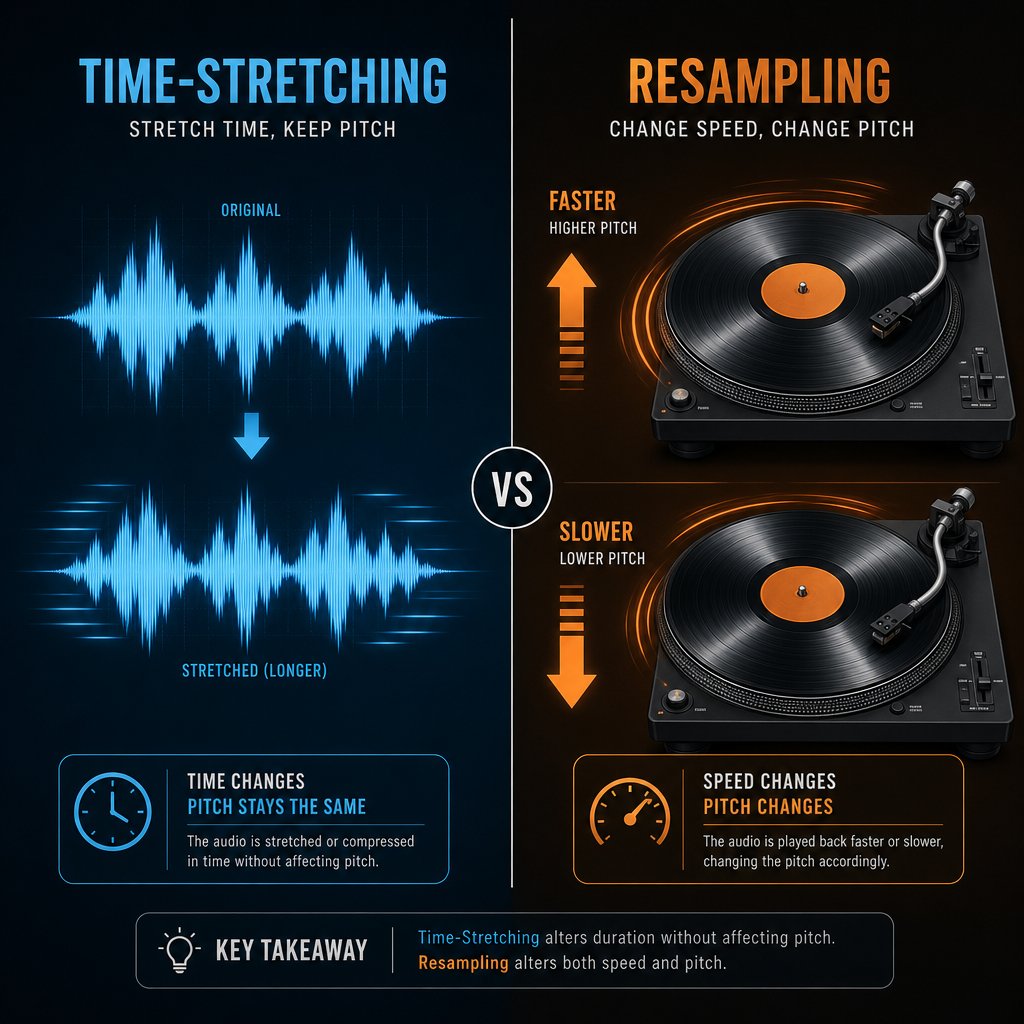 time stretching preserves pitch while changing speed whereas resampling shifts both together