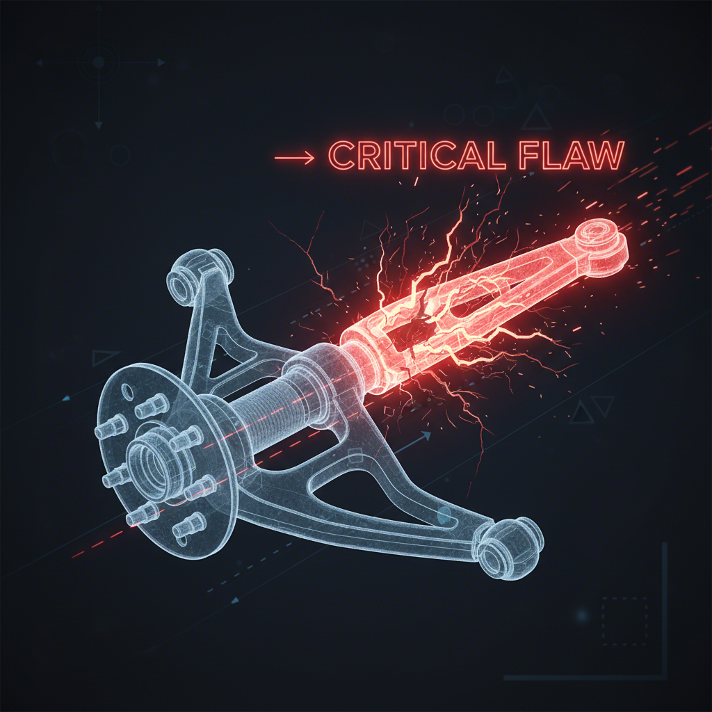 abstract visualization of a stressed vehicle control arm highlighting potential design flaws