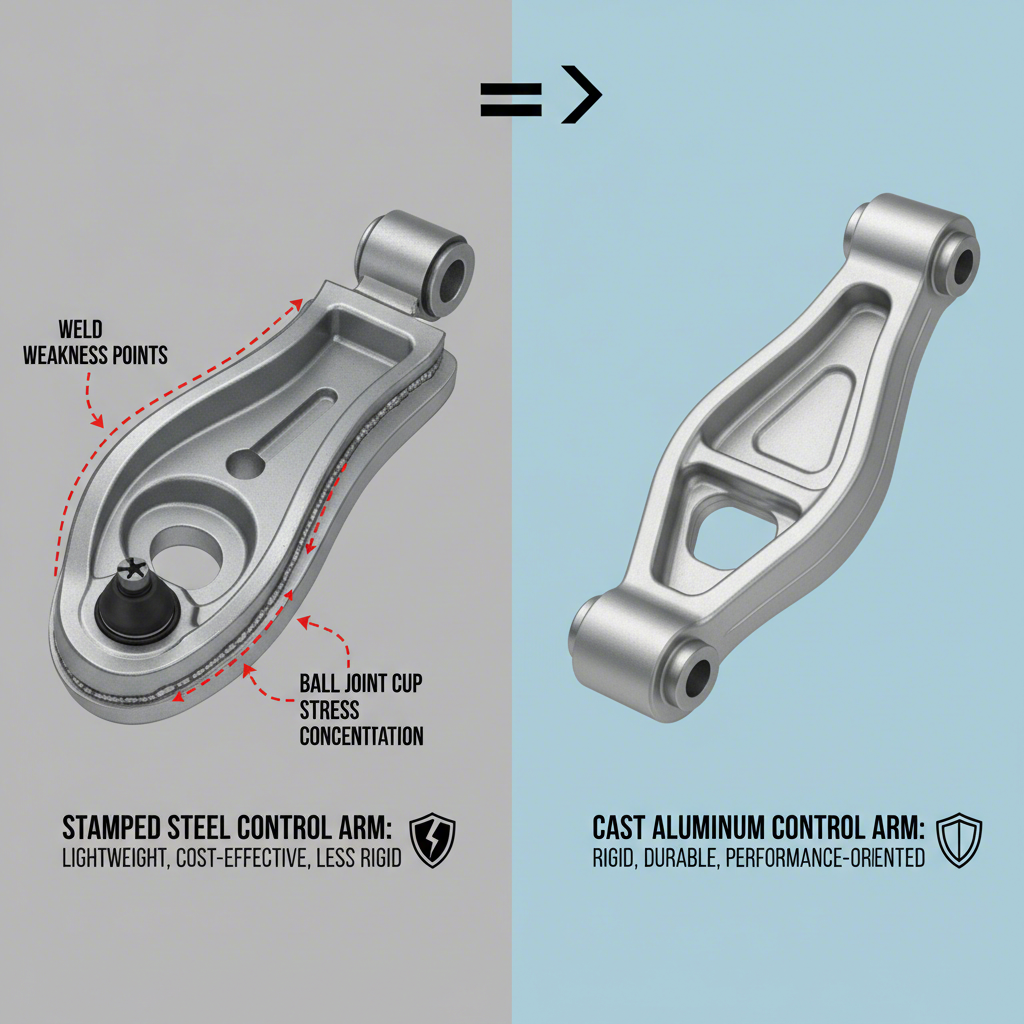 diagram comparing the structural integrity of stamped steel versus cast aluminum control arms