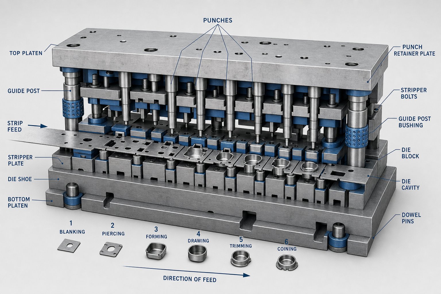 info-1-1 a progressive die advances metal strip through sequential stations where piercing bending and forming occur simultaneously in one press stroke