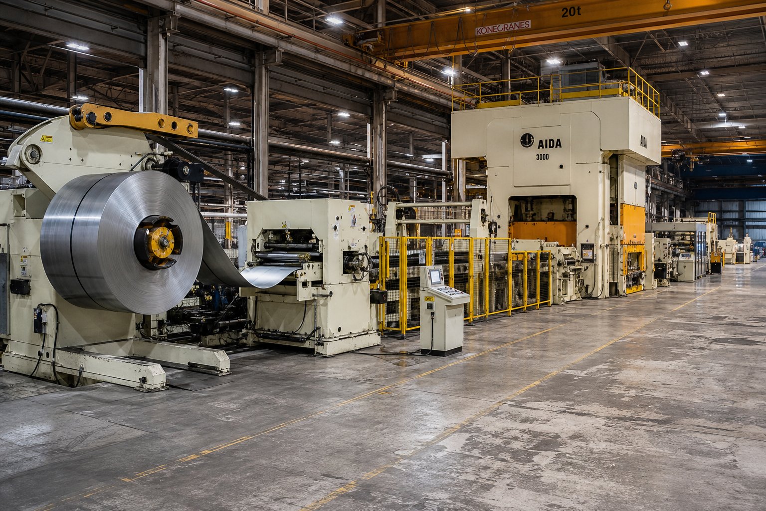 info-1-1 coil handling equipment feeds flat metal strip through straightening rollers and into the progressive die press with sub thousandth positioning accuracy