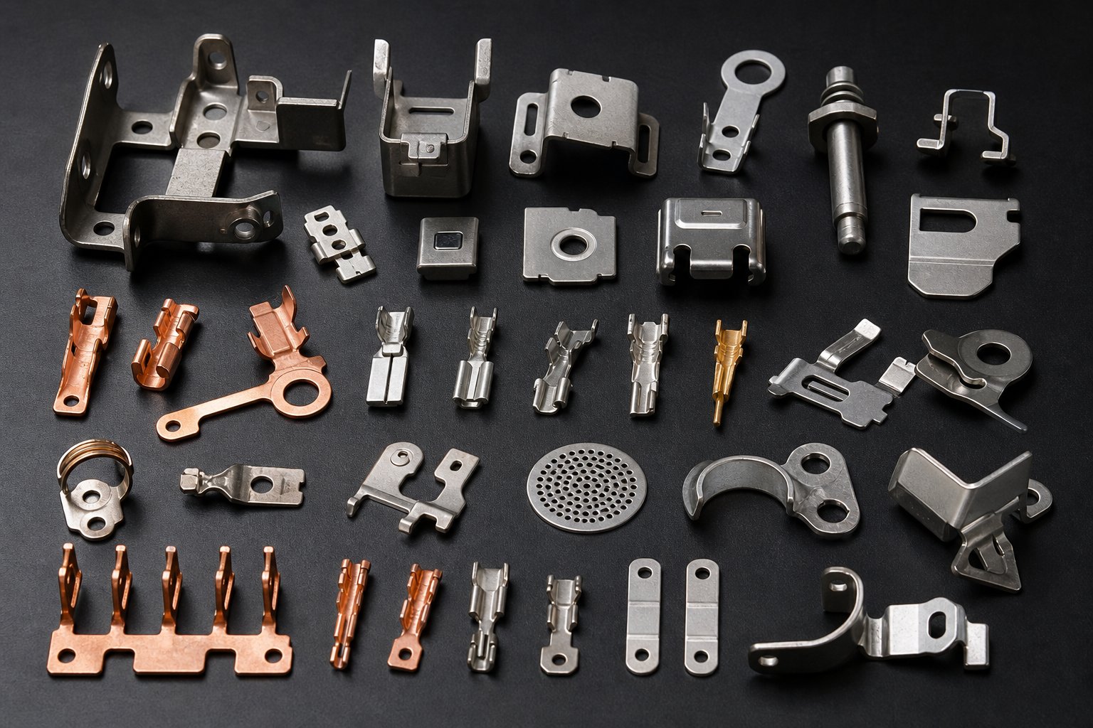 info-1-1 progressive die stamping produces diverse components across industries from miniature copper connectors to structural automotive brackets