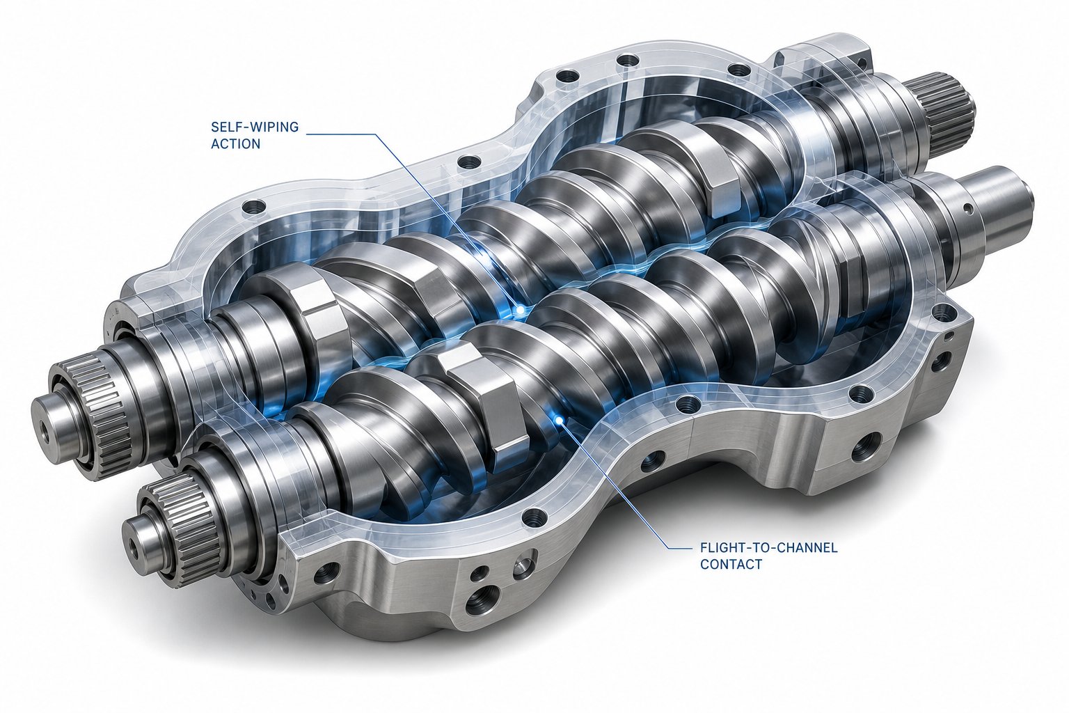 cutaway view of intermeshing co rotating twin screws showing self wiping geometry inside a figure eight barrel bore