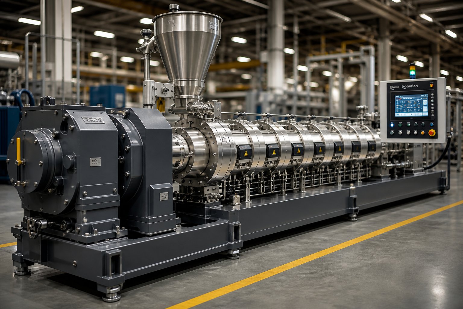 modern co rotating twin screw extruder with segmented barrel design used in industrial compounding and polymer processing