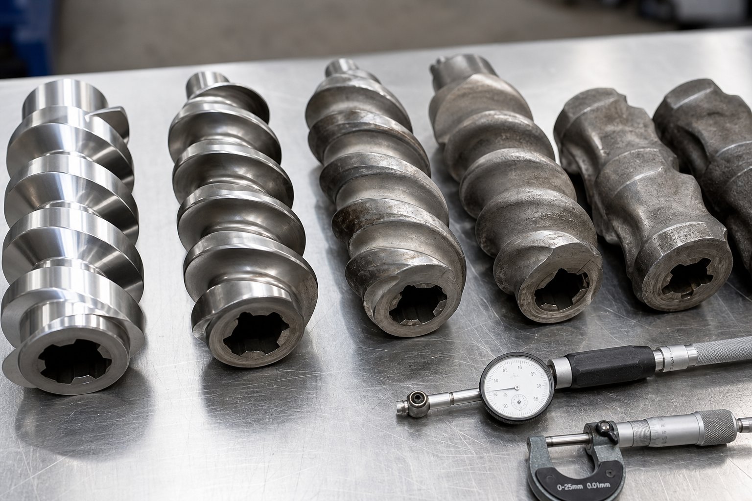 modular twin screw elements arranged for wear inspection showing new versus worn flight surfaces and kneading blocks