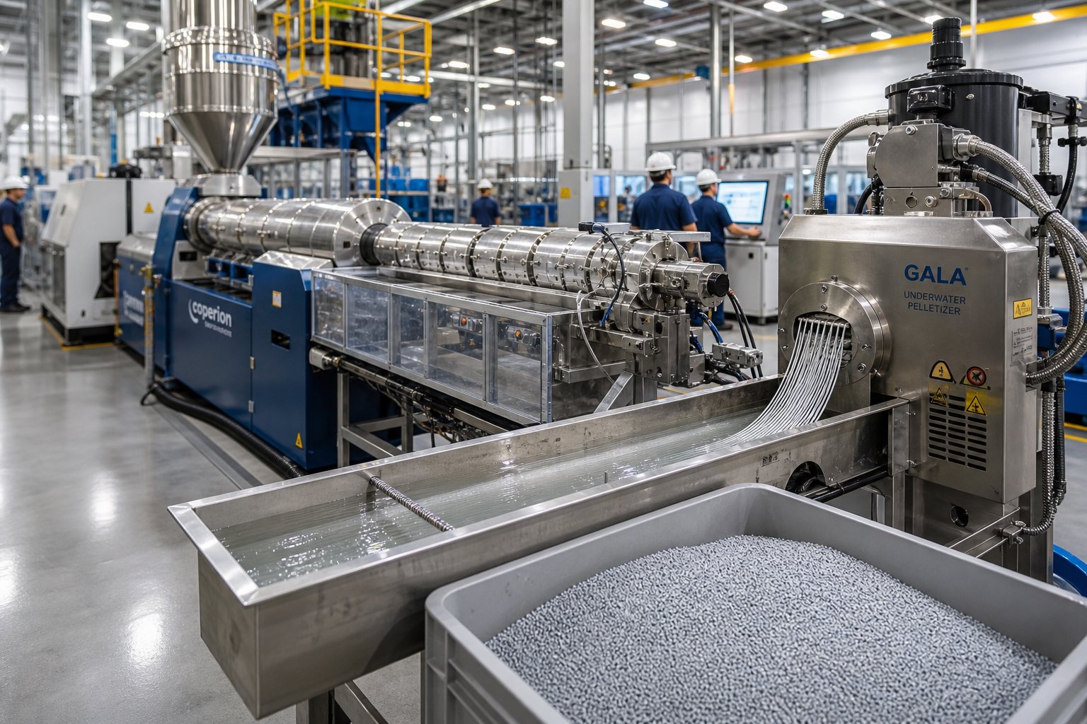 twin screw extrusion compounding line with strand pelletizing system producing uniform polymer pellets