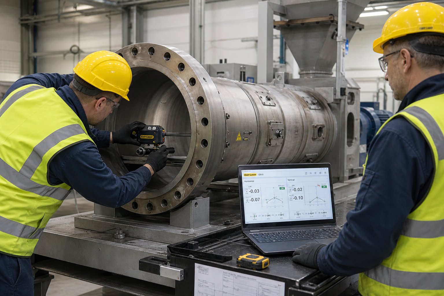 alignment technicians performing laser bore measurement and analyzing real time deviation data during a professional service visit