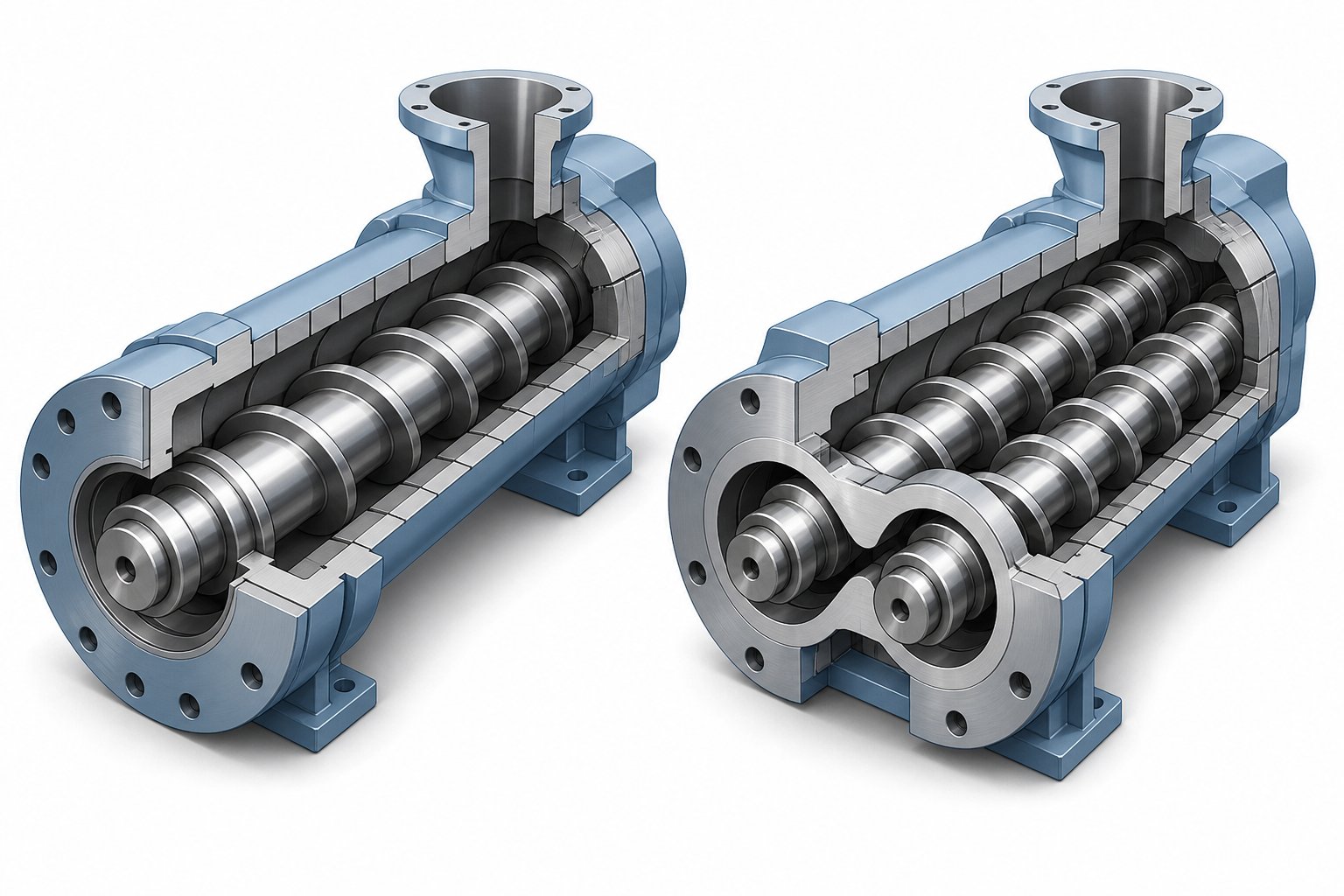 cutaway comparison of single screw and twin screw extruder barrel bore geometry highlighting alignment complexity differences