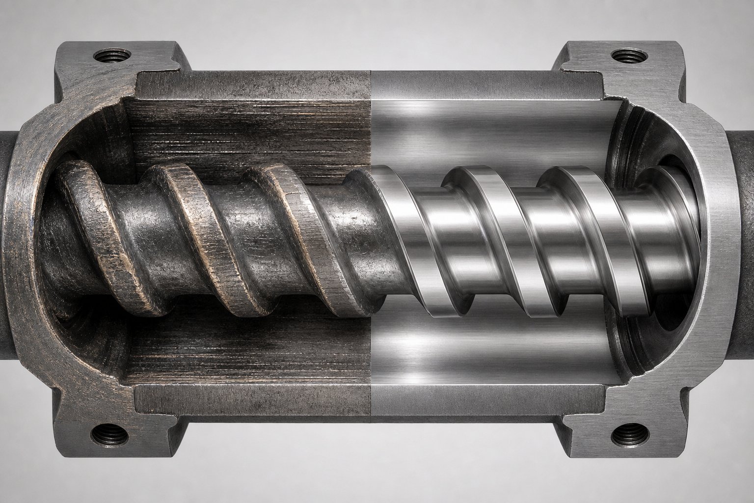 one sided screw flight wear pattern indicating barrel misalignment forcing asymmetric metal to metal contact