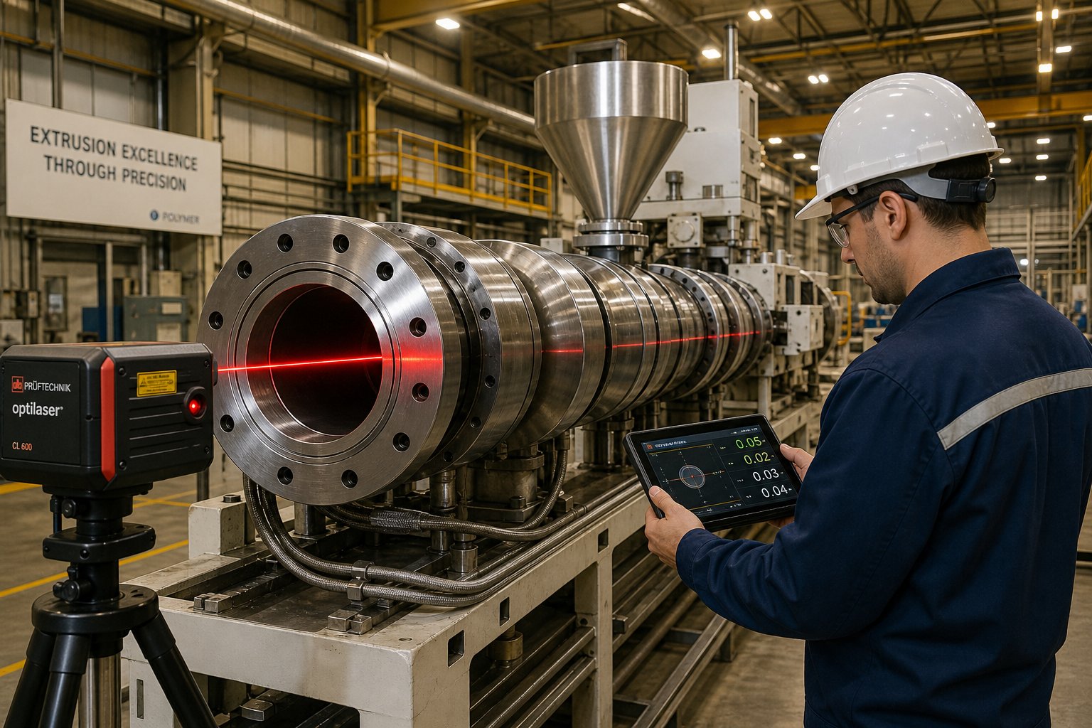 professional laser alignment being performed on an industrial extruder barrel to verify bore to gearbox concentricity