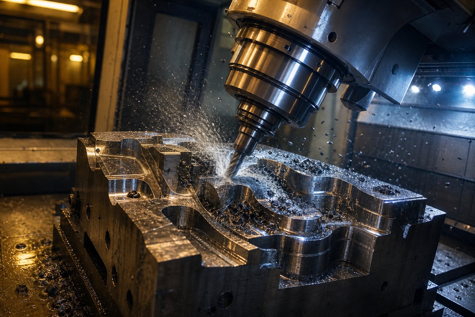 info-1-1 5 axis cnc milling operation shaping a hardened tool steel die block during the stamping die manufacturing process