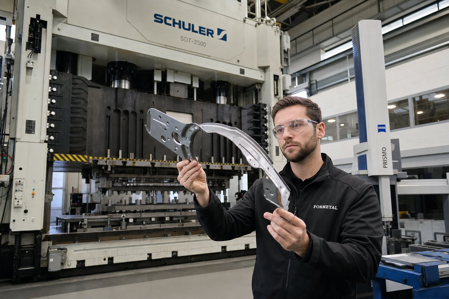 info-1-1 die tryout phase with an engineer inspecting a stamped part for dimensional accuracy before production approval
