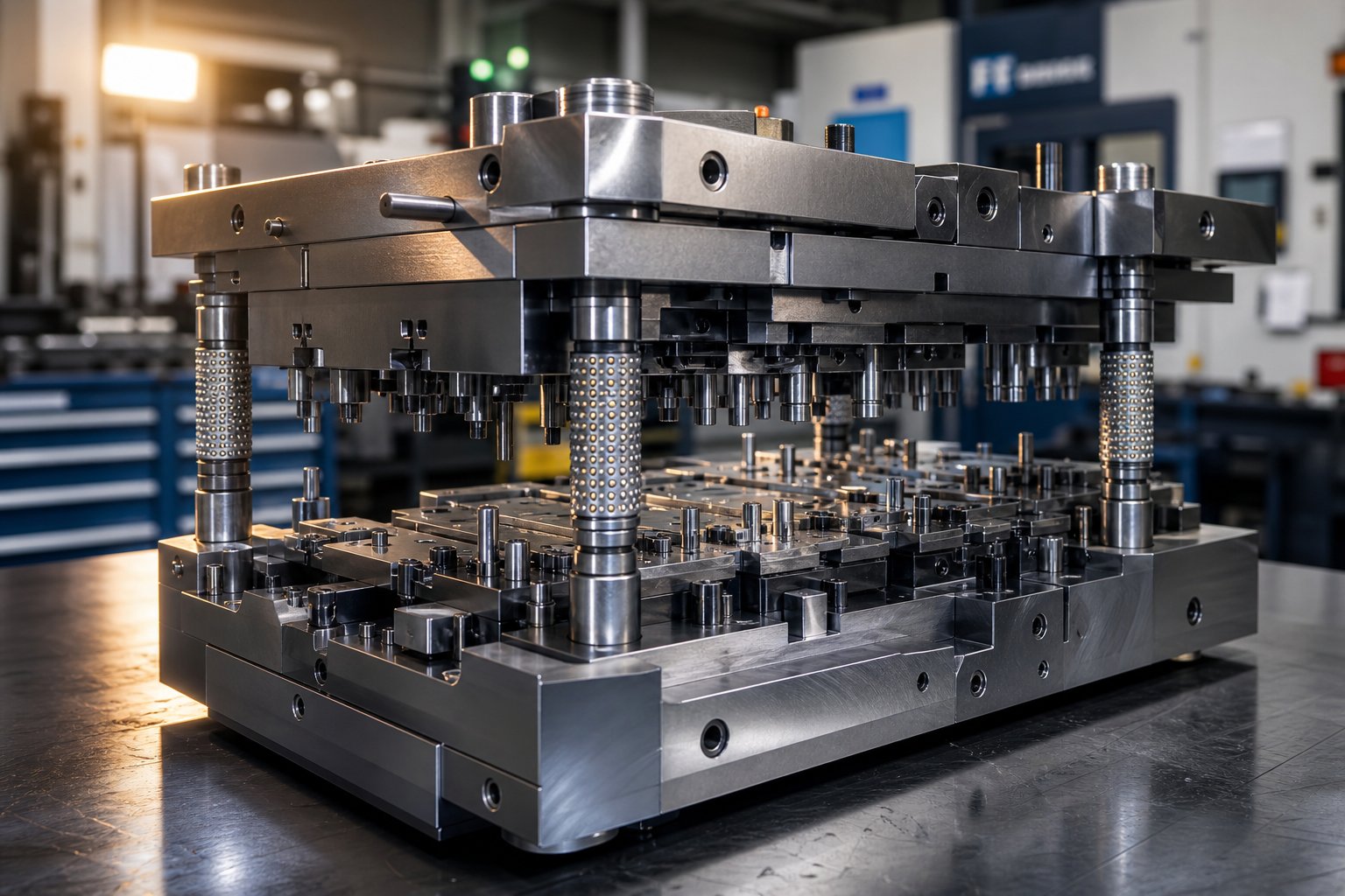 info-1-1 precision progressive stamping die set showing multiple forming stations built from hardened tool steel