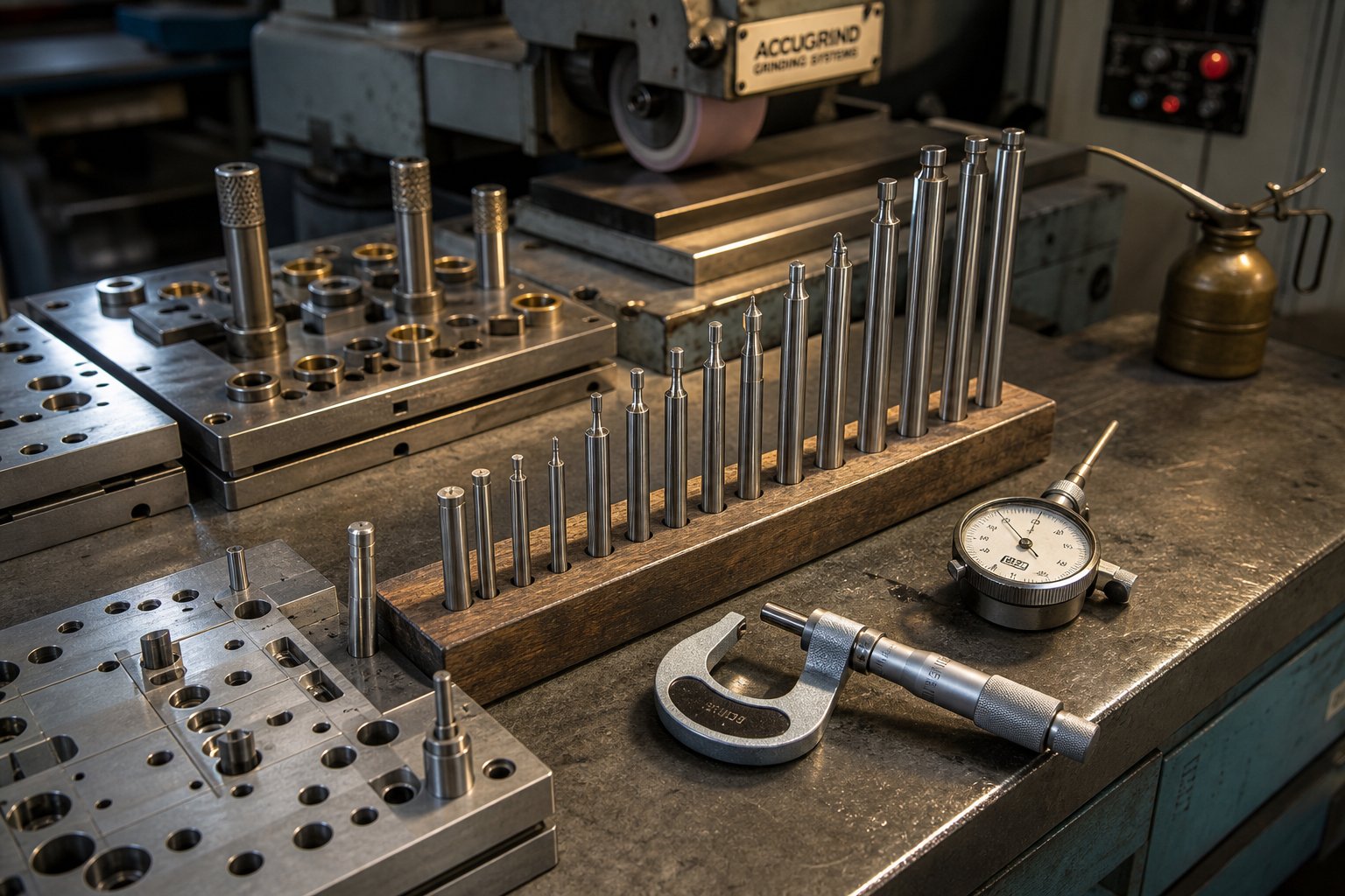 info-1-1 stamping die components during preventive maintenance bench teardown with precision measuring instruments