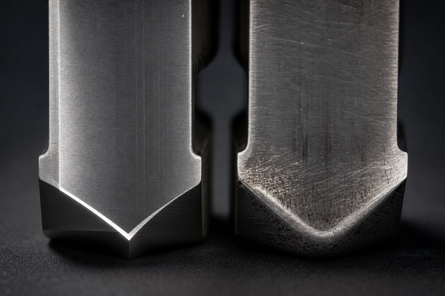 comparison of new versus worn punch cutting edges illustrating how silicon steel abrasion progressively changes effective clearance geometry