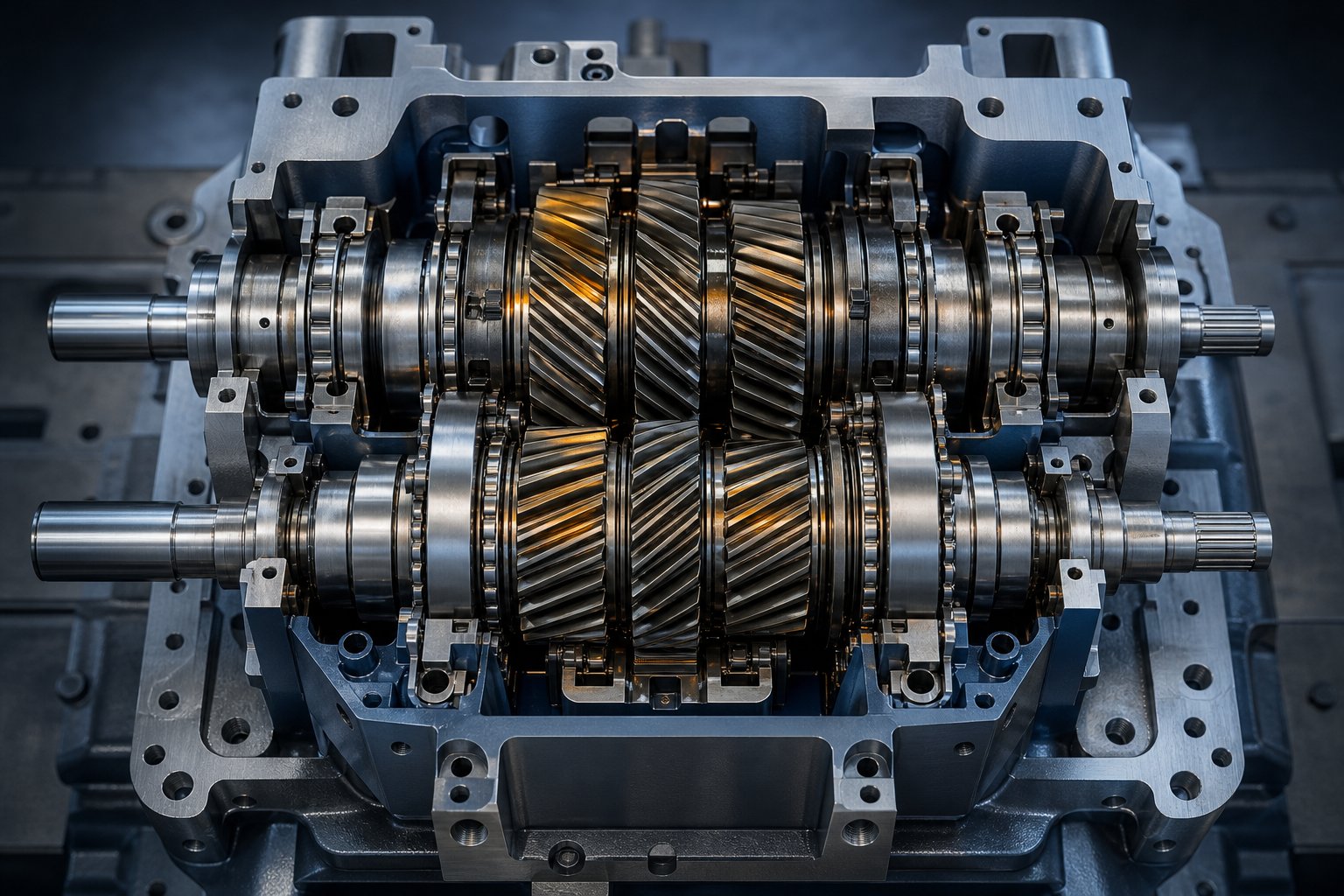 cross section view of a twin screw extruder gearbox showing the gear train dual output shafts and bearing arrangement