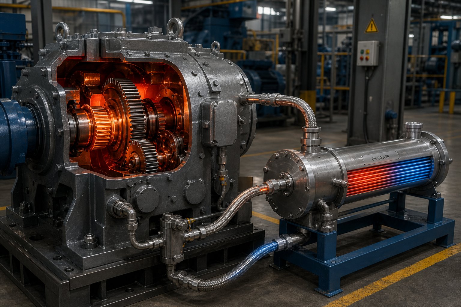 external oil circulation cooling system managing thermal loads in a high power twin screw extruder gearbox